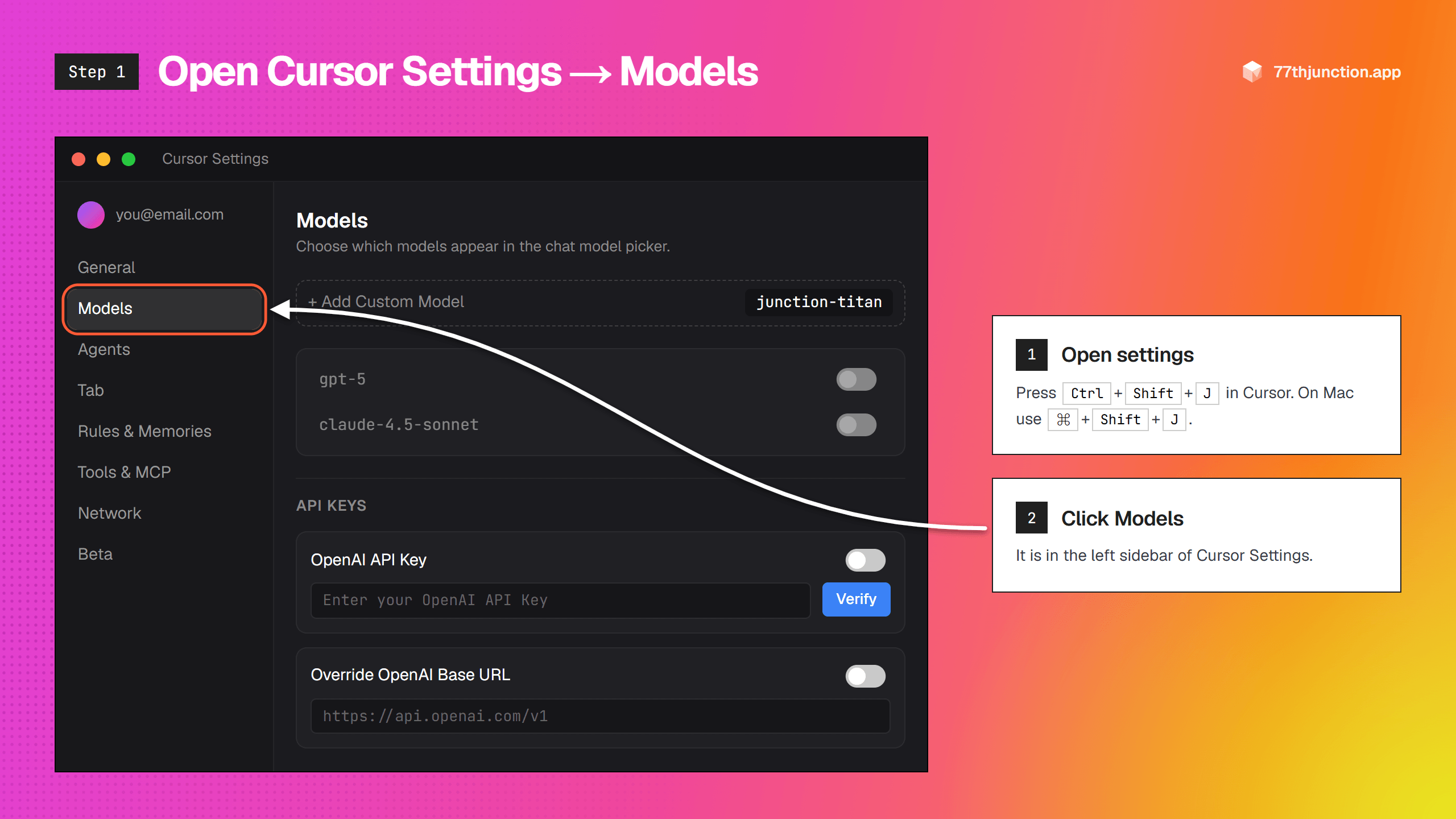 Cursor Settings with Models selected in the sidebar