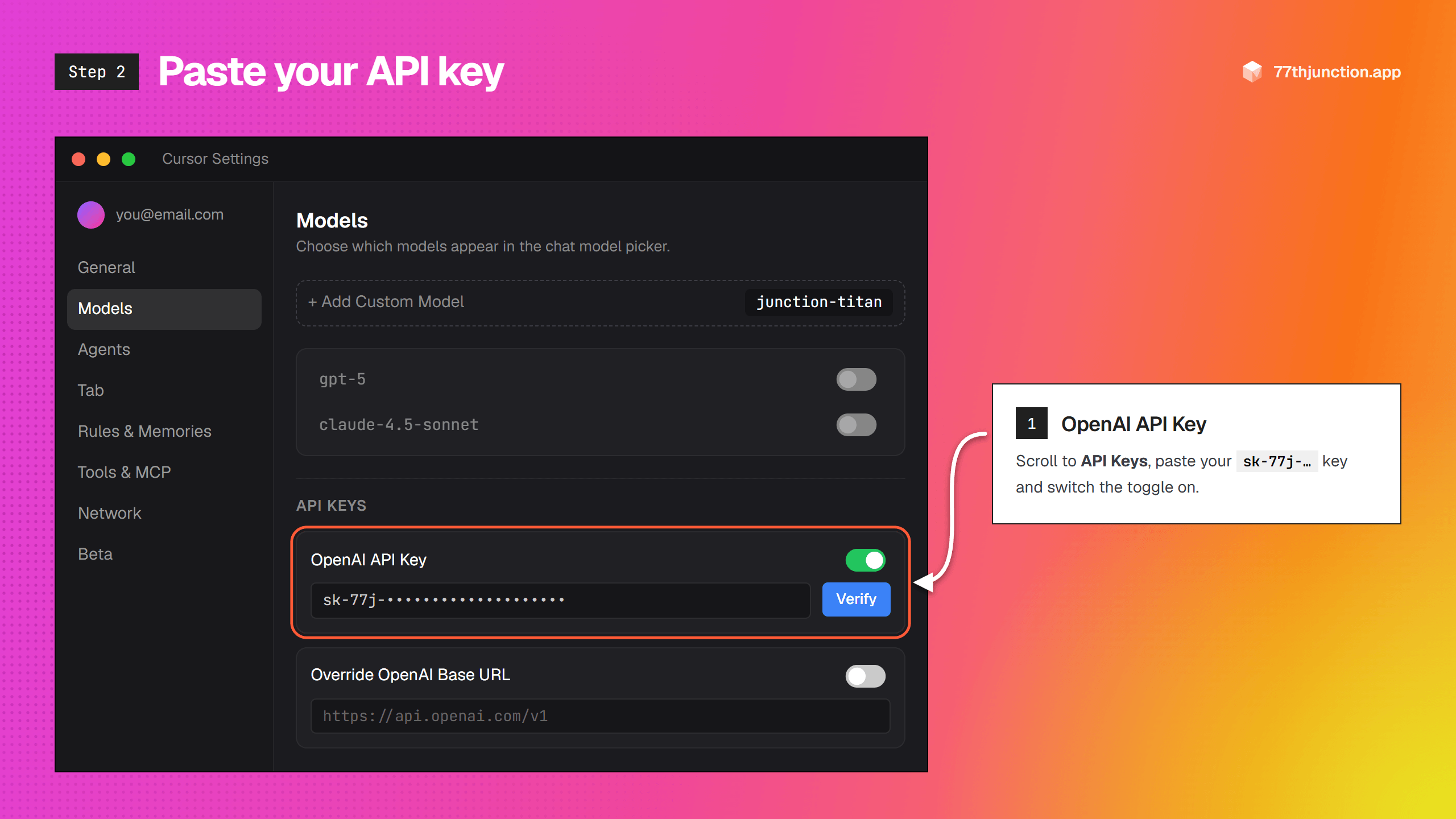 OpenAI API Key field with a 77th Junction key pasted