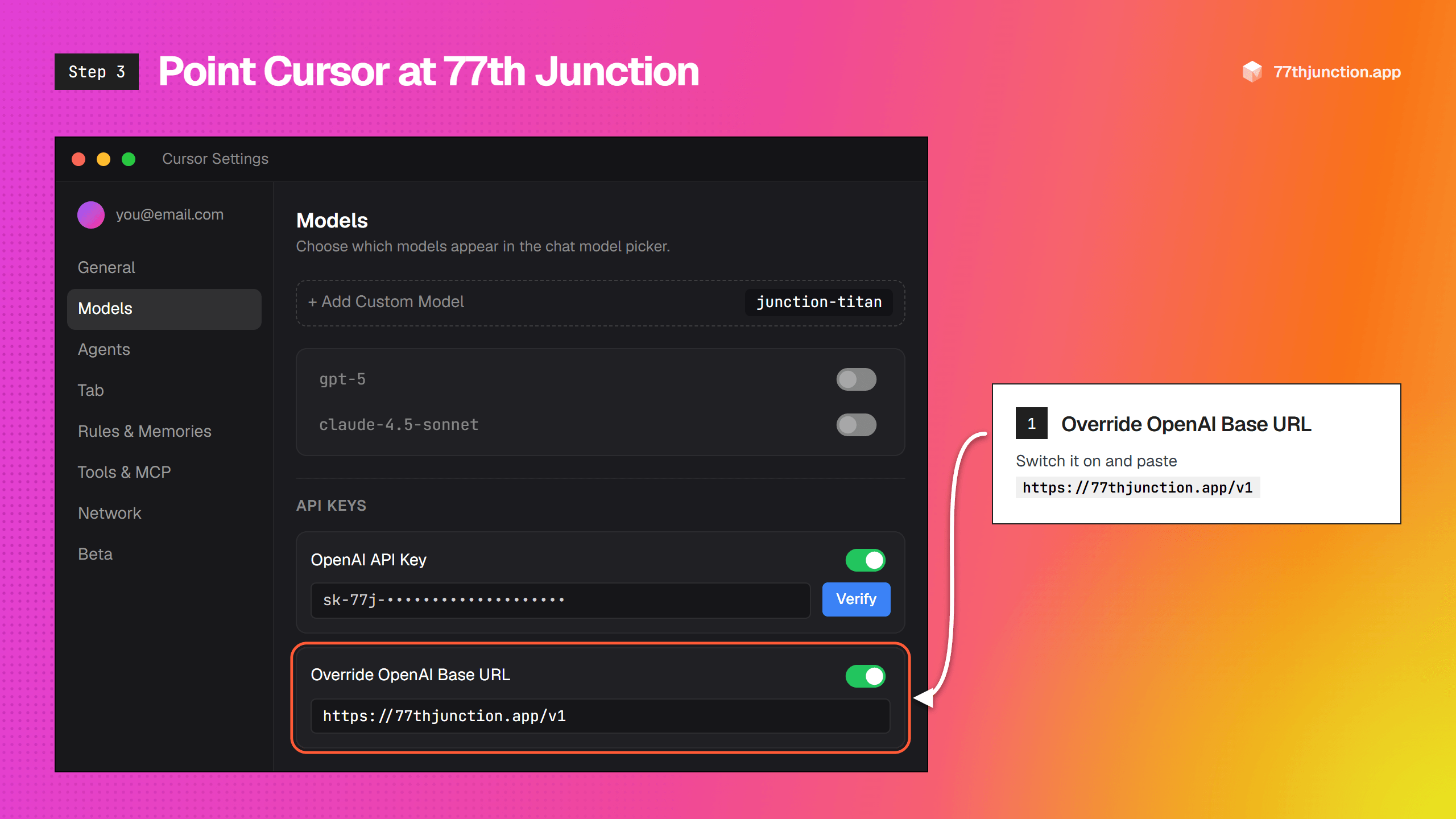 Override OpenAI Base URL switched on with the 77th Junction URL