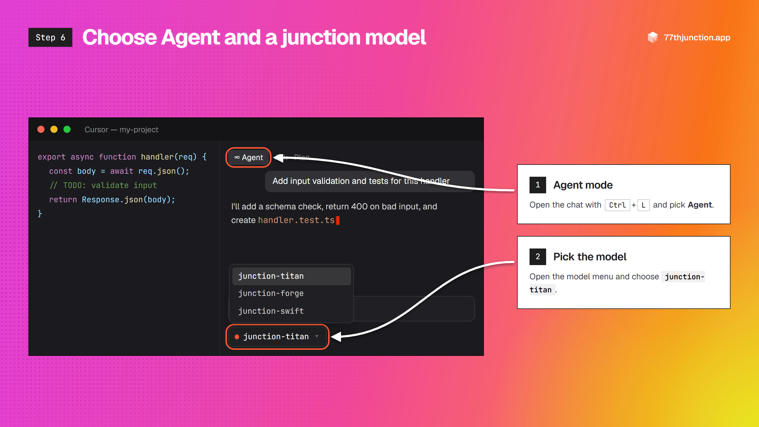 Cursor chat in Agent mode with junction-titan picked in the model menu