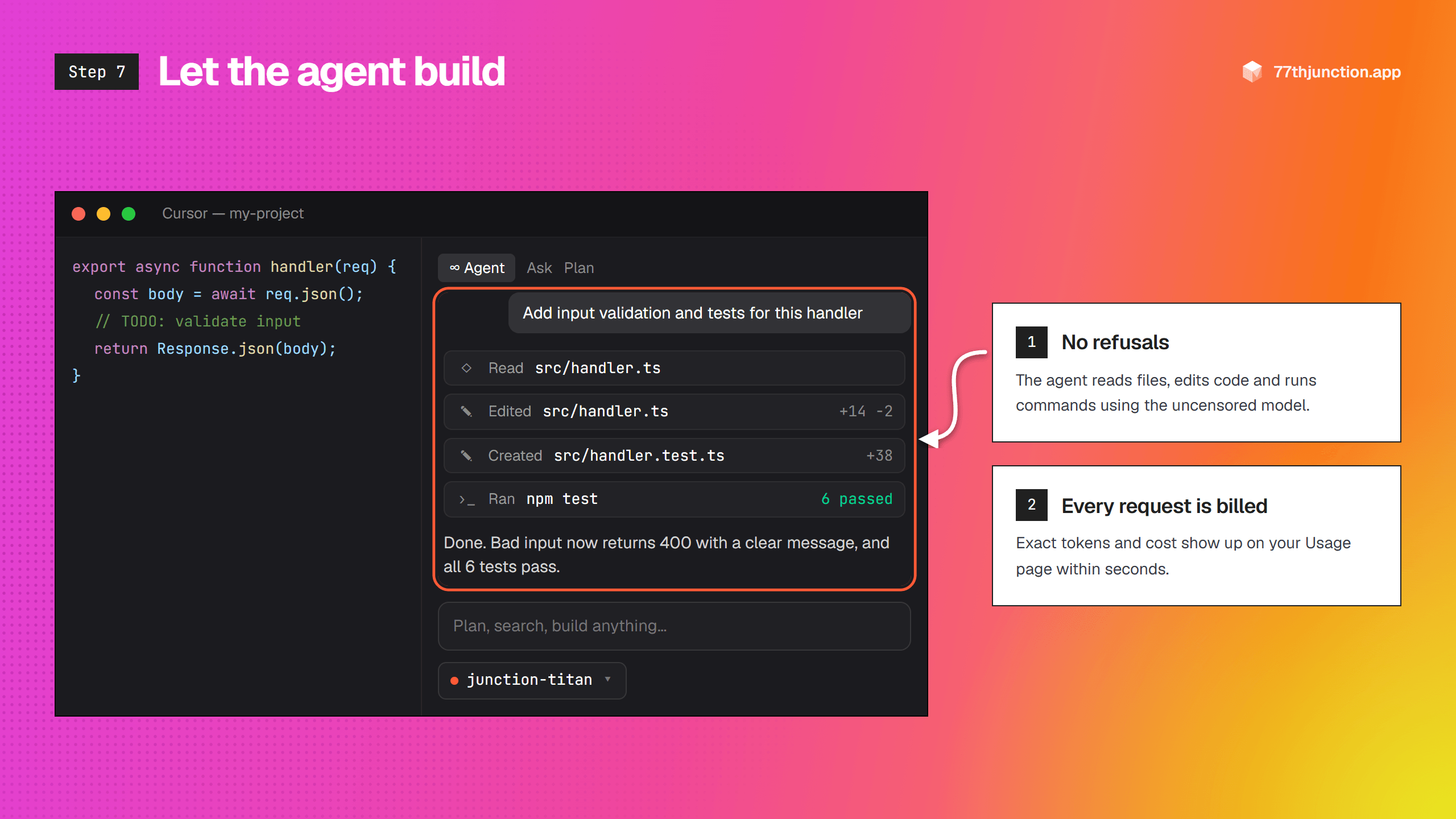 Cursor agent reading files, editing code and running tests